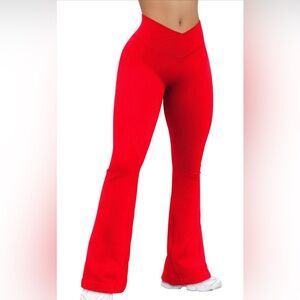 OQQ High-Waist Red Flared Ribbed Pants